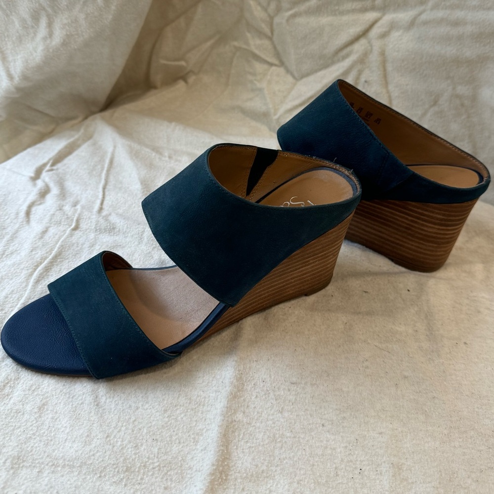 Franco Sarto Deep Teal Blue Leather Mingle Peeptoe Mule Wedge Size 8.5